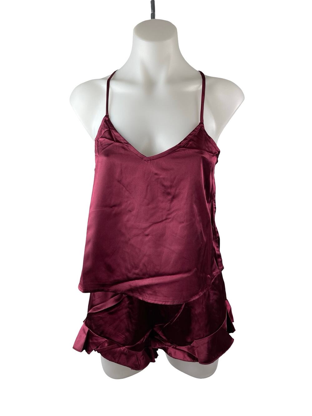 NEW Lulus Red Silk Satin Cami Tank Shorts Sleepwear Pajamas 2 Piece Set Size XS